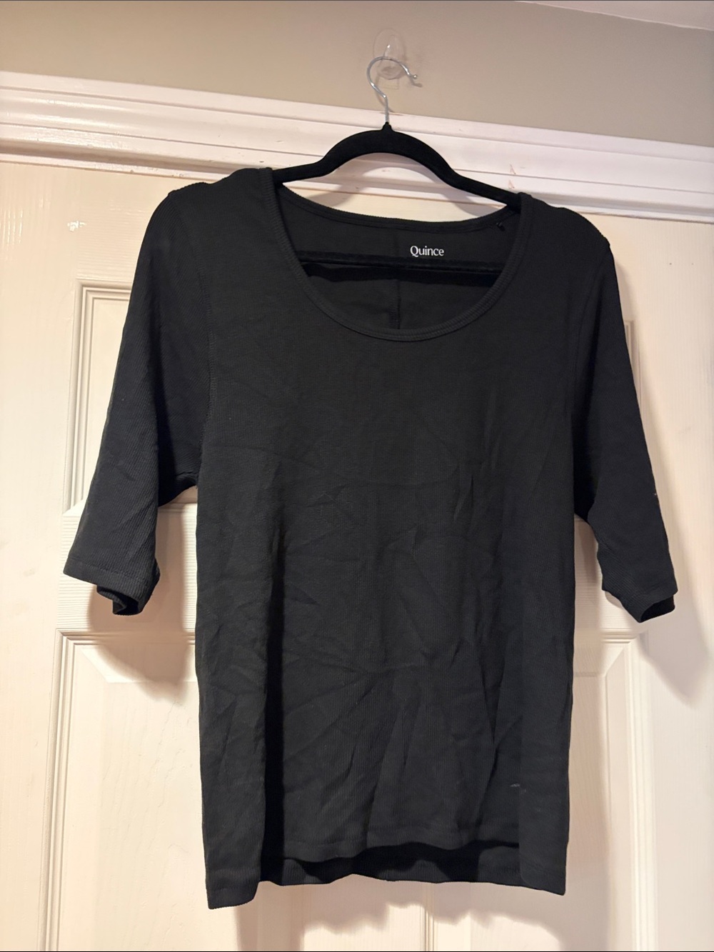 Quince Organic Cotton Micro Rib Elbow Tee in Black L